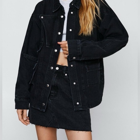 Express Black Denim Mini Skirt Stretch Raw Hem Classic 5-Pocket Mid Rise Size 8 - Picture 13 of 13